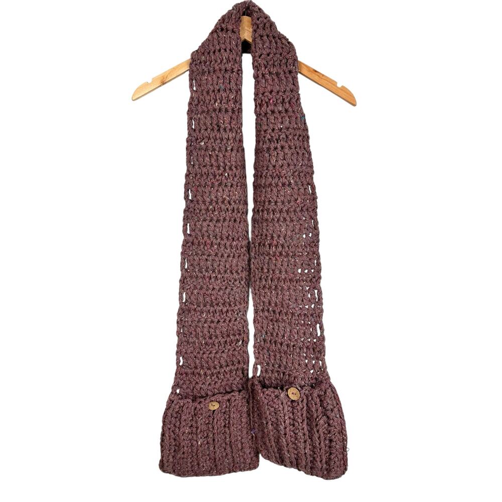 Hand Knit Grandma Wool Blend Soft Chunky Mauve Long Scarf w Pockets Boho Cozy - Picture 2 of 10